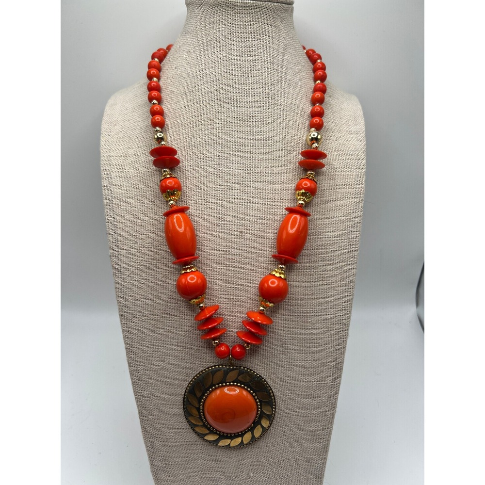 Boho Maximalist Orange Beaded Statement Necklace Medallion Pendant 22"